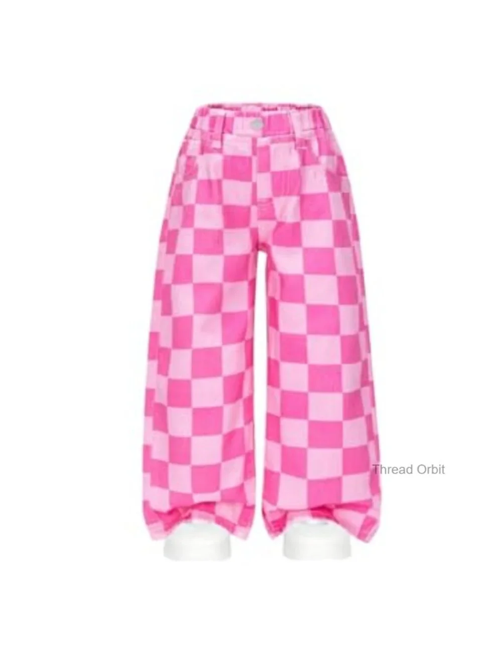 Girls Checkered Wide Leg Baggy Jeans High Waist Elastic Waist Pockets Streetwear